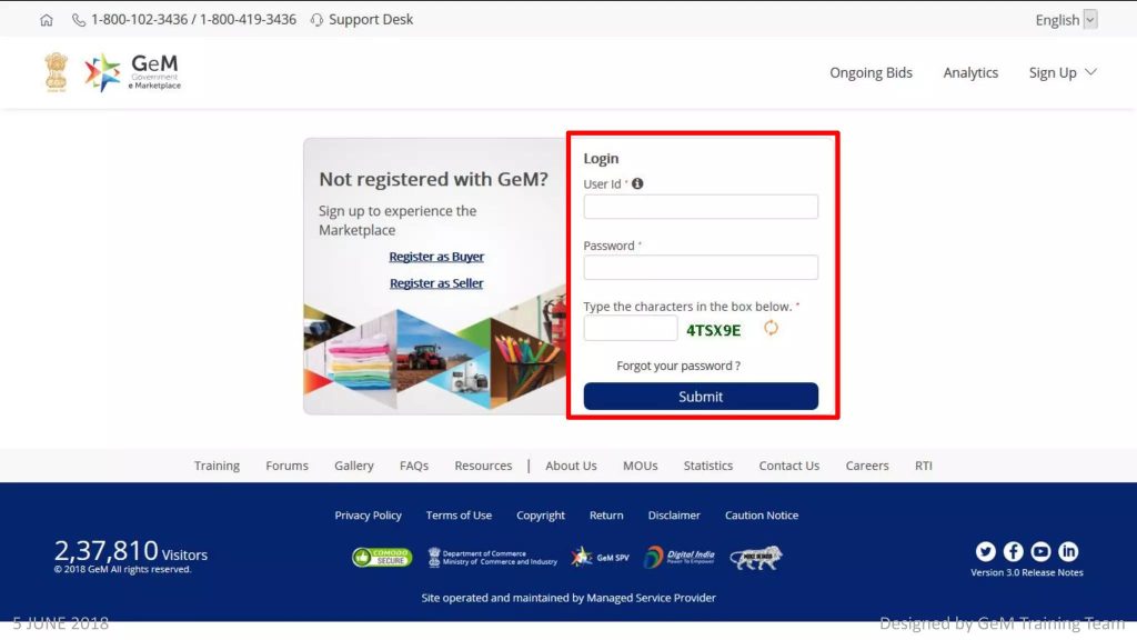 GeM portal login for sellers, step by step